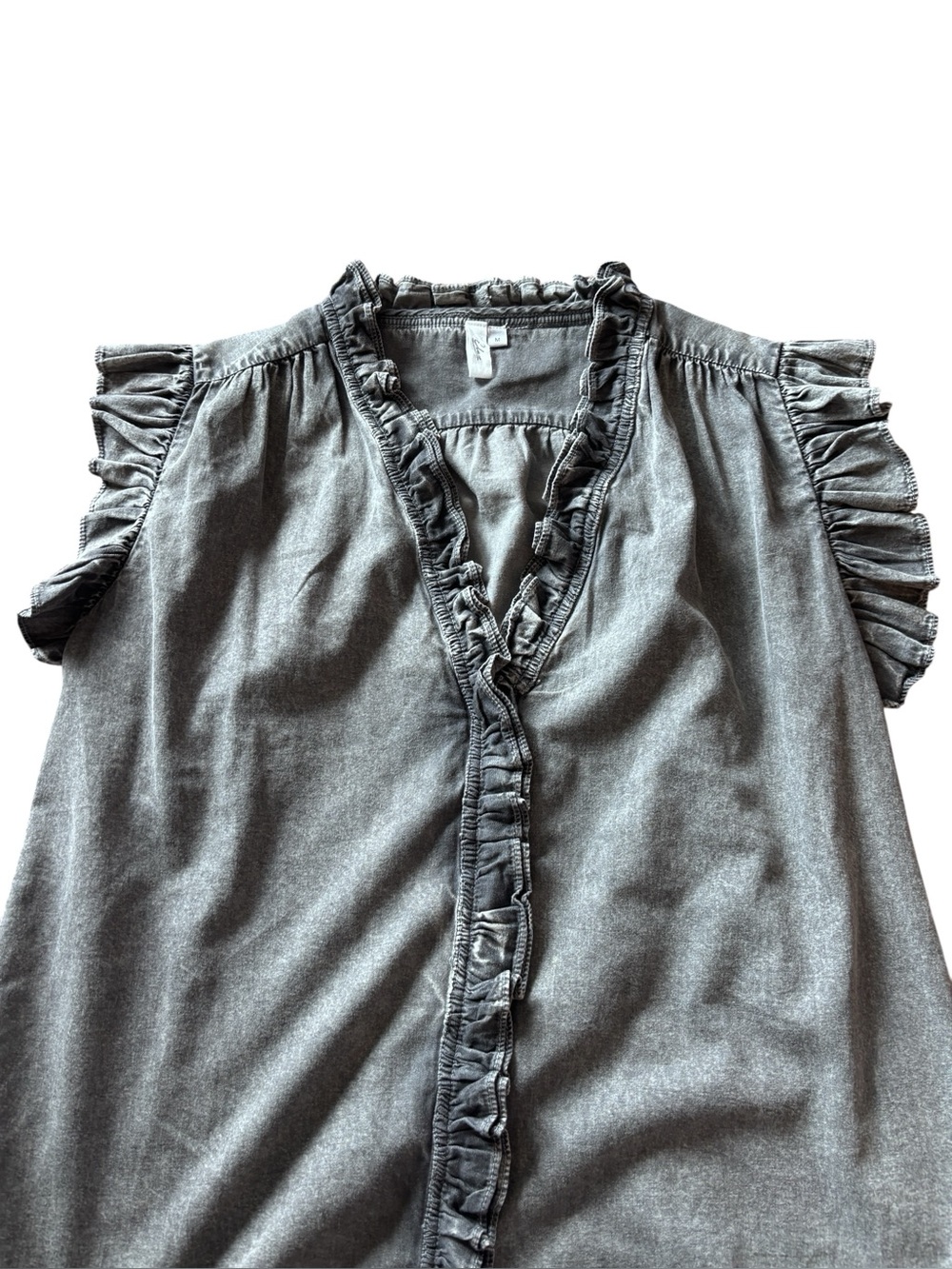 Charcoal Washed Ruffle Trim V-Neck Blouse | Size M